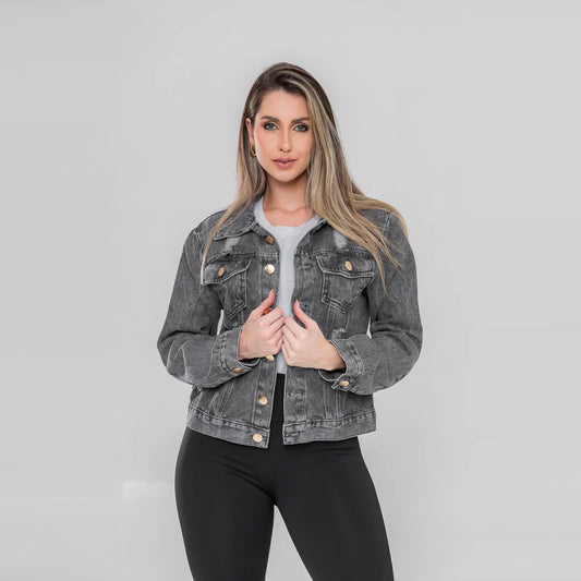 Jaqueta jeans feminina cinza grafite marmorizada