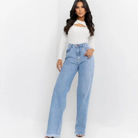 Calça Jeans Feminina Perna Larga Retro