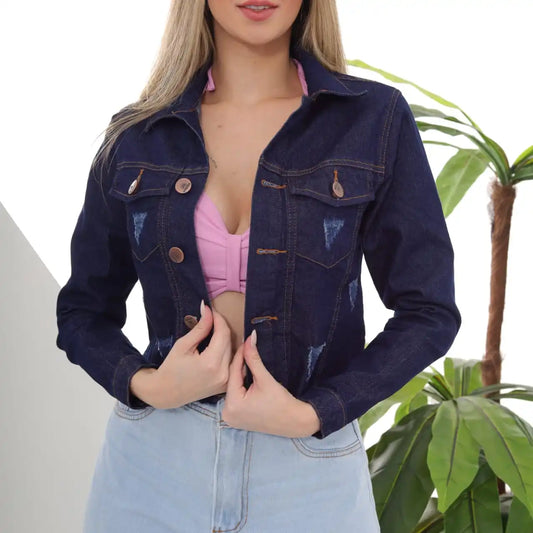 Jaqueta Jeans Cropped Feminina Azul Escuro