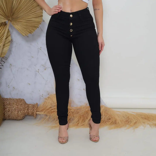 Calça Jeans Feminina Preto quatro Botões Cintura Alta Premium Comfort