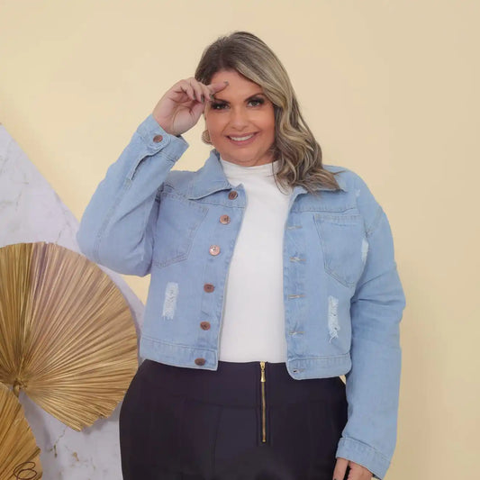 Jaqueta Jeans Plus Size Lavagem Azul Clara