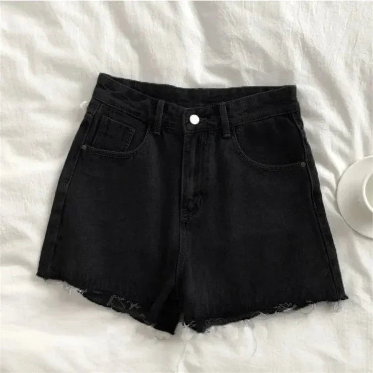 Shorts jeans de cintura alta com borda crua feminino verão 2025
