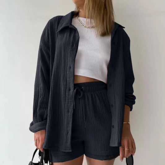 Conjunto curto feminino 2 peças, camisa solta e shorts largo com cintura elástica