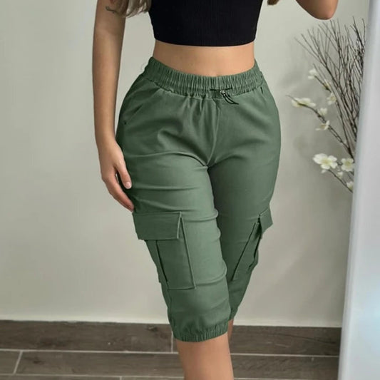 Calça moda verão bolsos design punhos e cordão