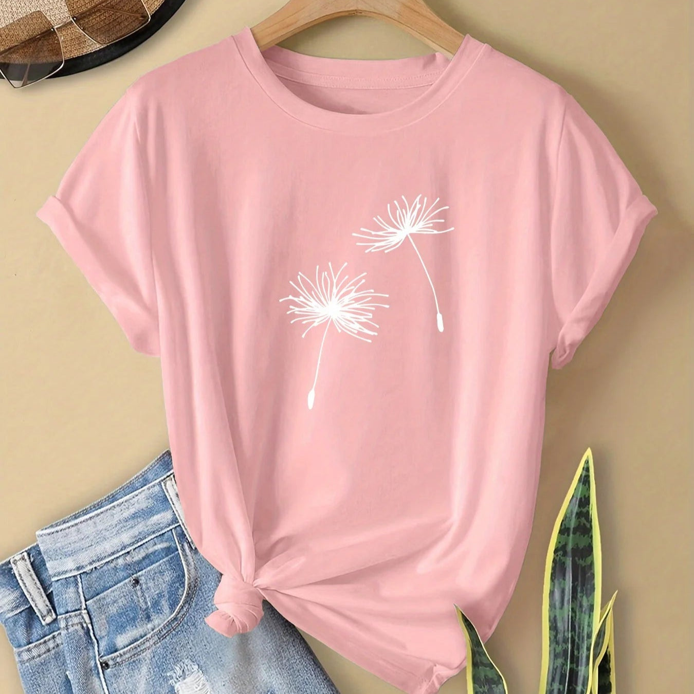 Camiseta feminina primavera com estampa dente-de-leão