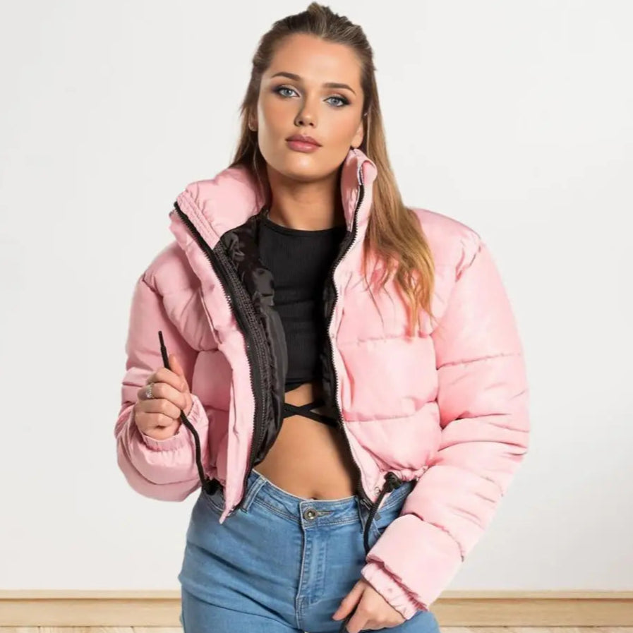 Jaqueta curta feminina colchoada de algodão liso outono inverno