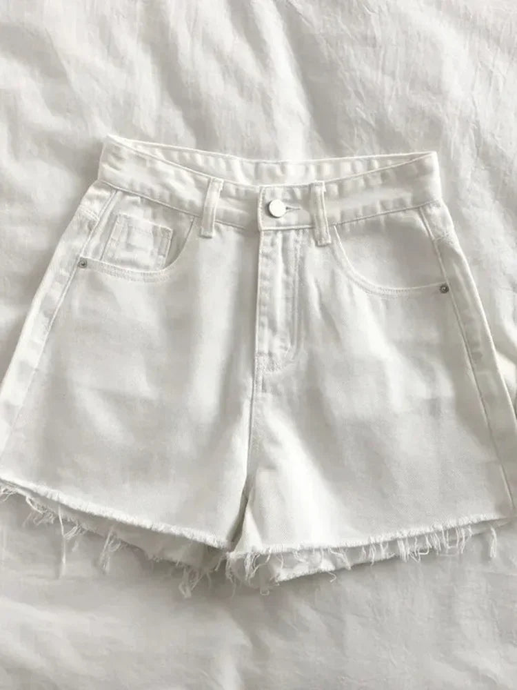 Shorts jeans de cintura alta com borda crua feminino verão 2025