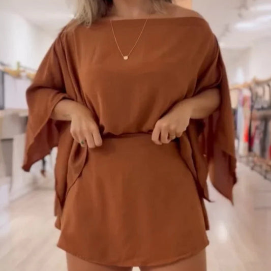 Conjunto feminino ombro de fora várias maneiras blusa de manga dividida e shorts de cintura alta
