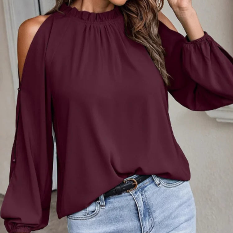 Blusa feminina plissada de manga longa e decote redondo