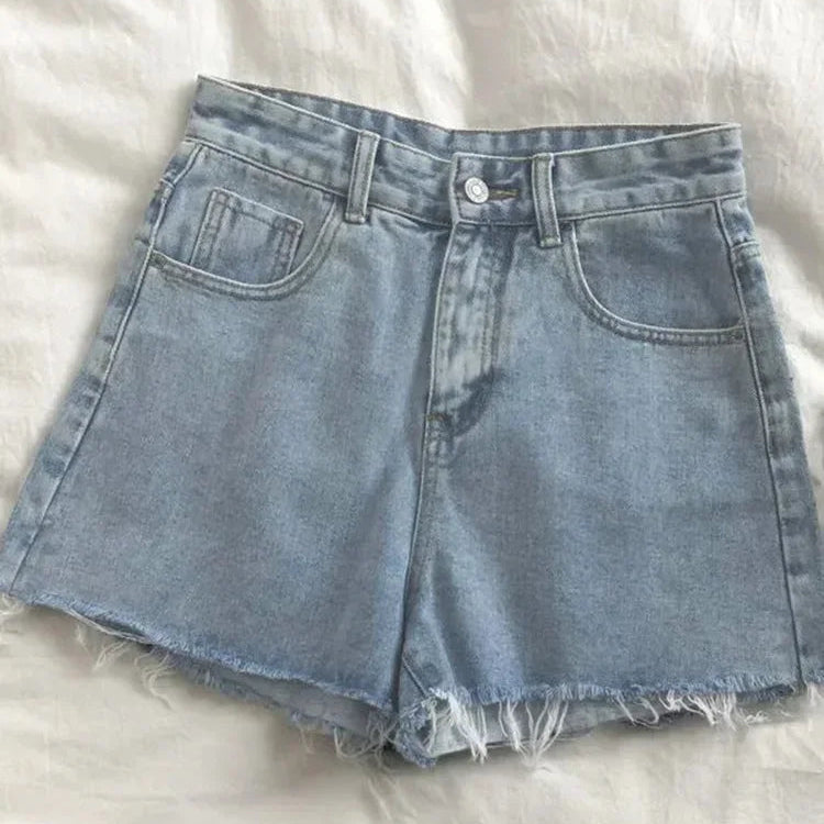 Shorts jeans de cintura alta com borda crua feminino verão 2025