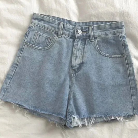 Shorts jeans de cintura alta com borda crua feminino verão 2025