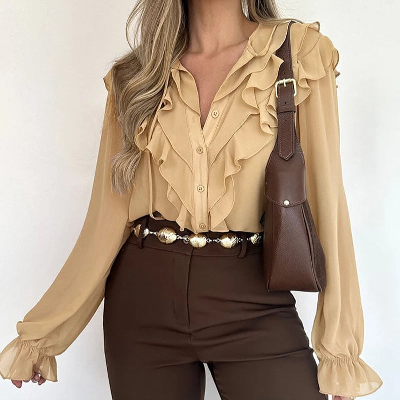 Camisa feminina de manga longa com babados e cordão
