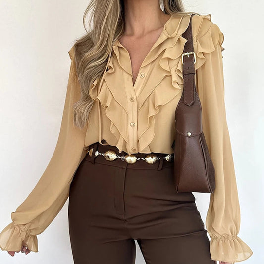 Camisa feminina de manga longa com babados e cordão