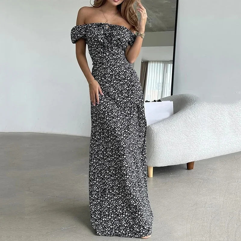 Vestido longo feminino  floral manga curta ombro de fora