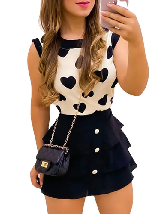 Conjunto estampa de coração blusa gola redonda  e saia