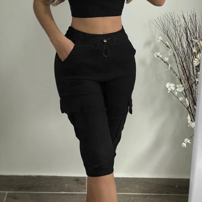 Calça moda verão bolsos design punhos e cordão