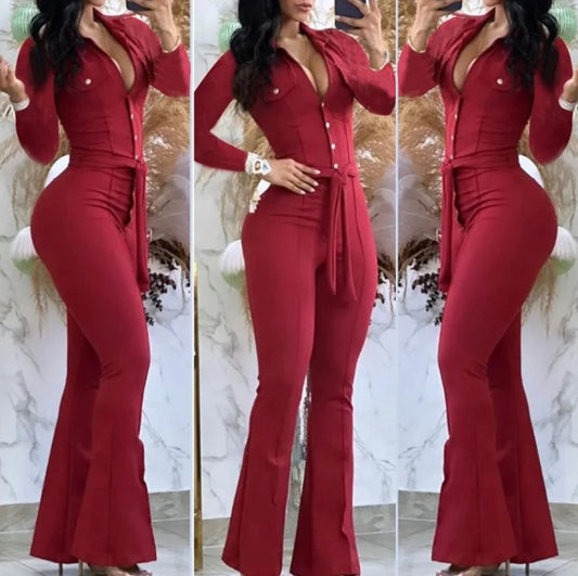 Macacão feminino  botões casual gola virada para baixo manga longa