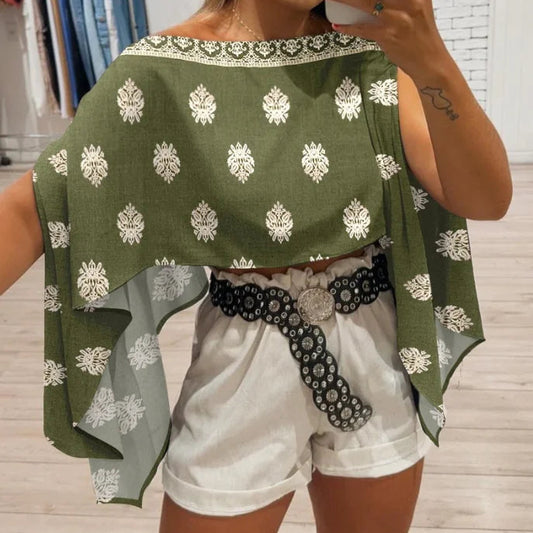 Camisa multifuncional de manga curta com estampa floral e ombros de fora