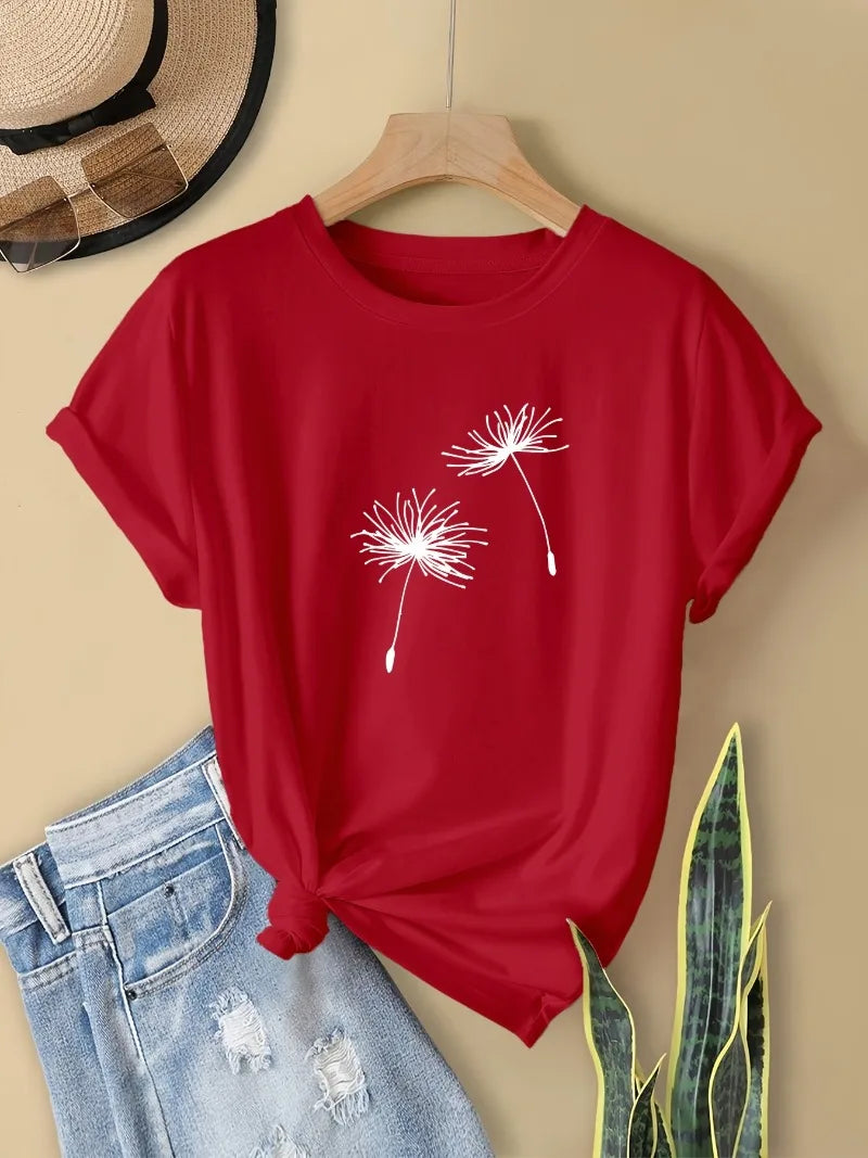 Camiseta feminina primavera com estampa dente-de-leão