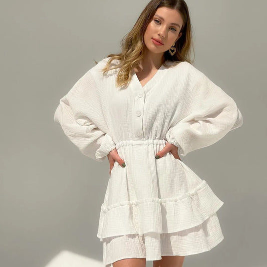 Vestido curto de manga longa primavera decote em V
