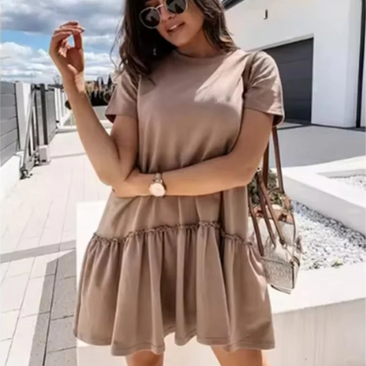 Vestido feminino casual plissado decote redondo