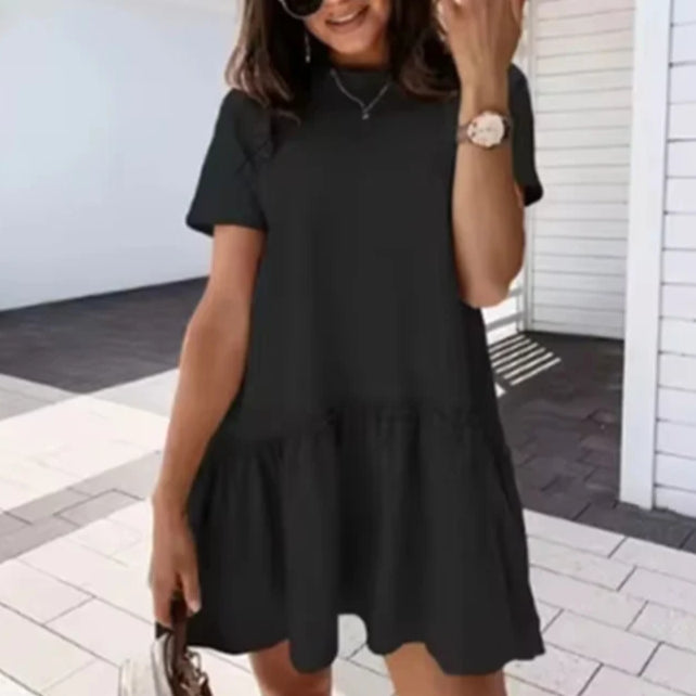Vestido feminino casual plissado decote redondo
