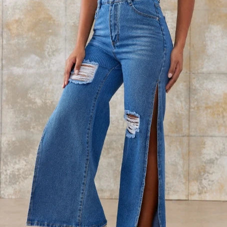 Calça jeans feminina primavera moda fenda lateral casual cintura alta