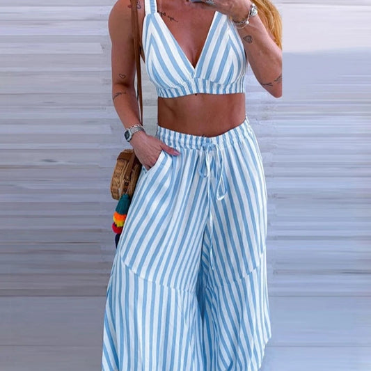 Conjunto  feminino listrado  decote em V