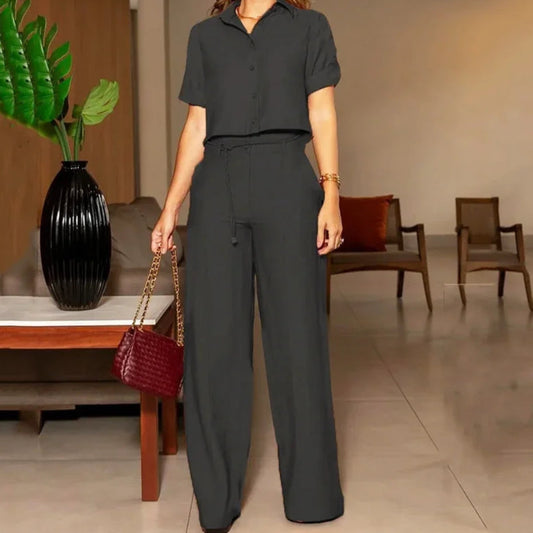 Conjunto feminino manga curta perna larga