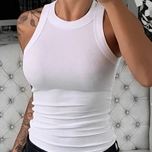 Regata feminina lisa com gola redonda e textura canelada