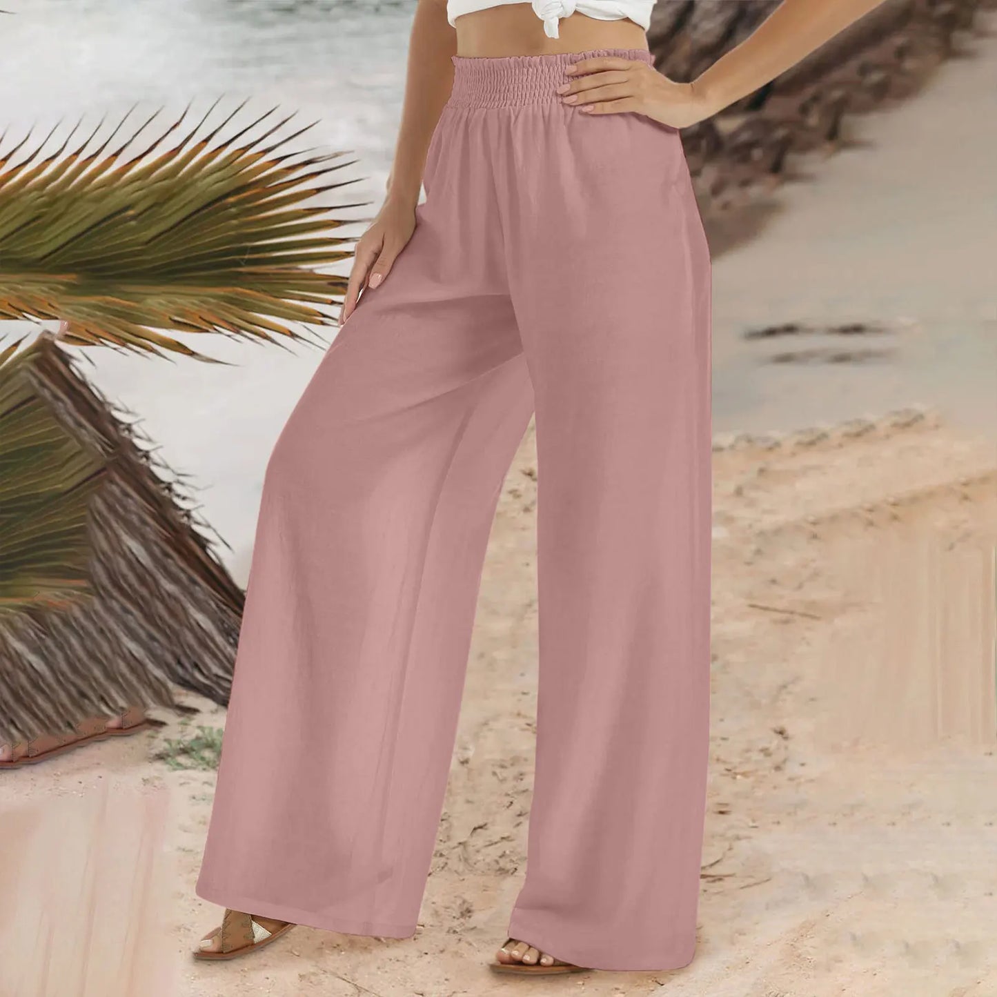 Calça feminina de linho com perna larga