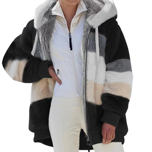 Casaco feminino listrado com capuz e patchwork de lã
