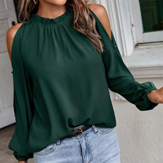 Blusa feminina plissada de manga longa e decote redondo