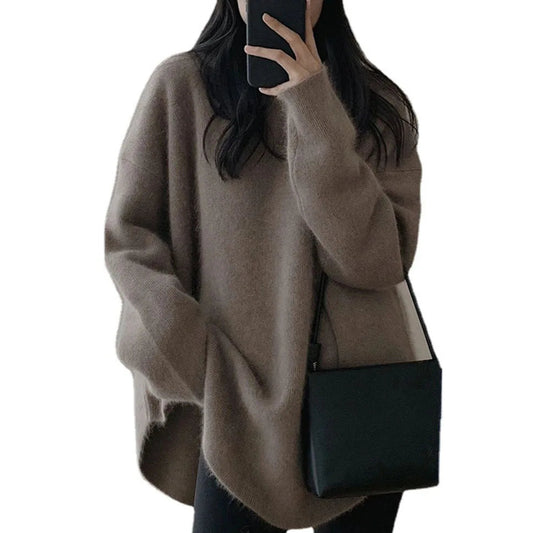 Blusa solta com gola redonda grossa e  manga comprida, outono inverno